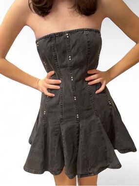 wild fable Strapless grey Denim Mini Dress with Stud Accents